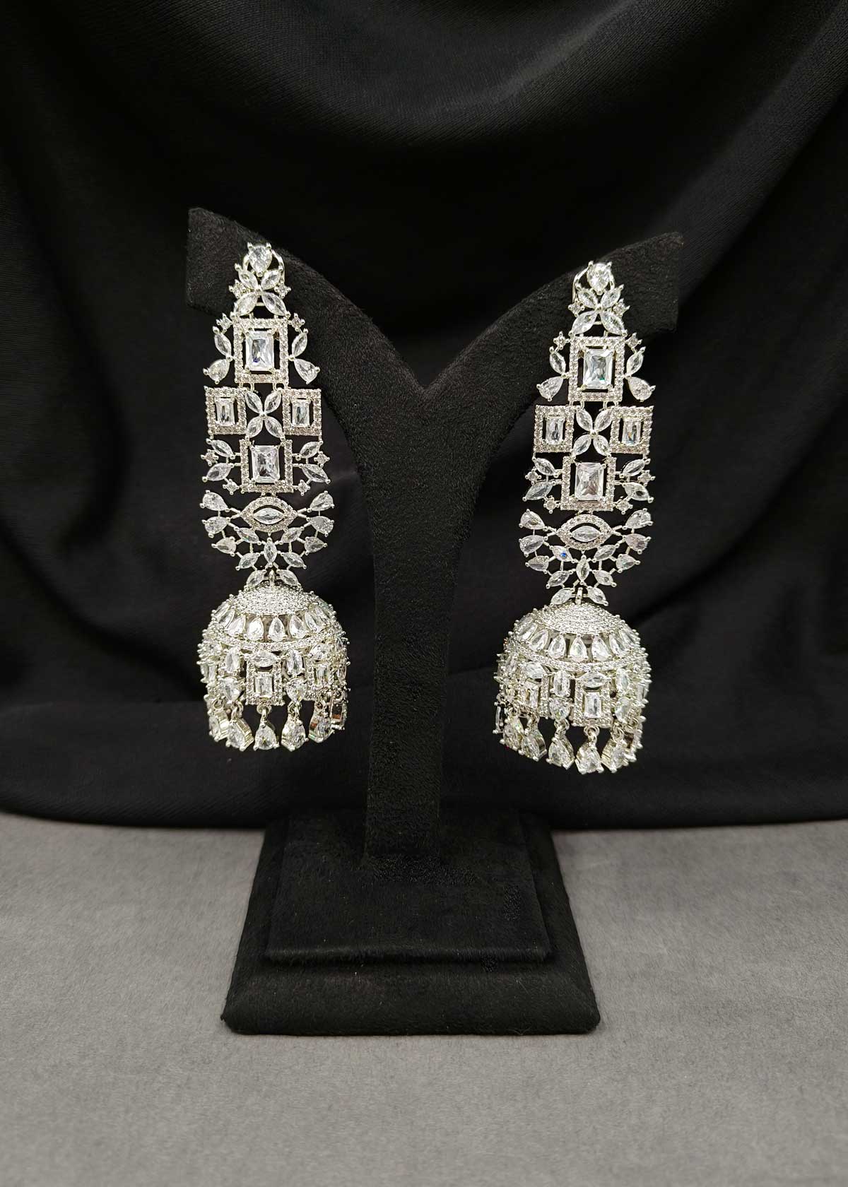 Geometric Patterns Cubic Zircon And Marquise Diamond Silver Plated Long Chandelier Jhumka Earrings