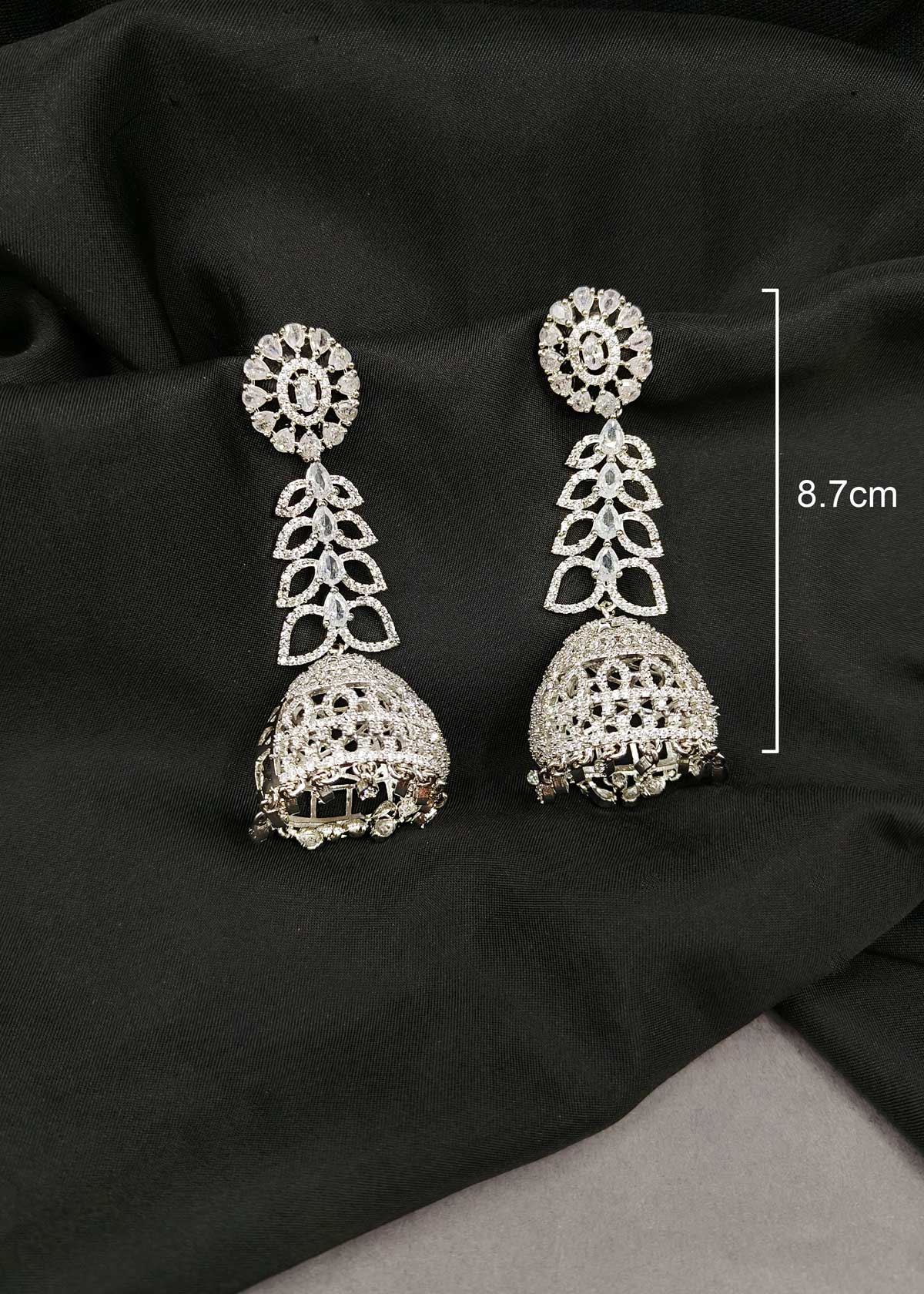 Elegant Silver Plated Cubic Zircon Long Jhumka Earrings With Floral Tear Drops