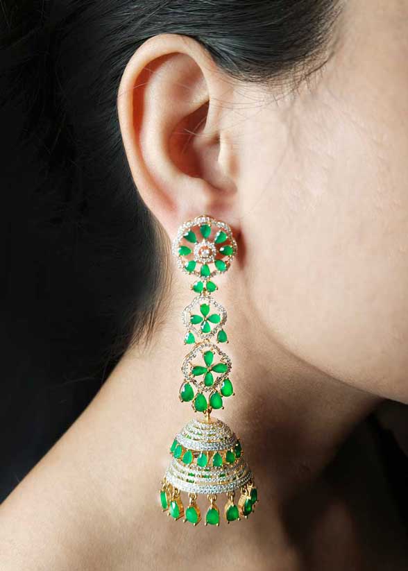 Dual Tone Colorful Cubic Zircon Long Tiered Jhumkas Earrings
