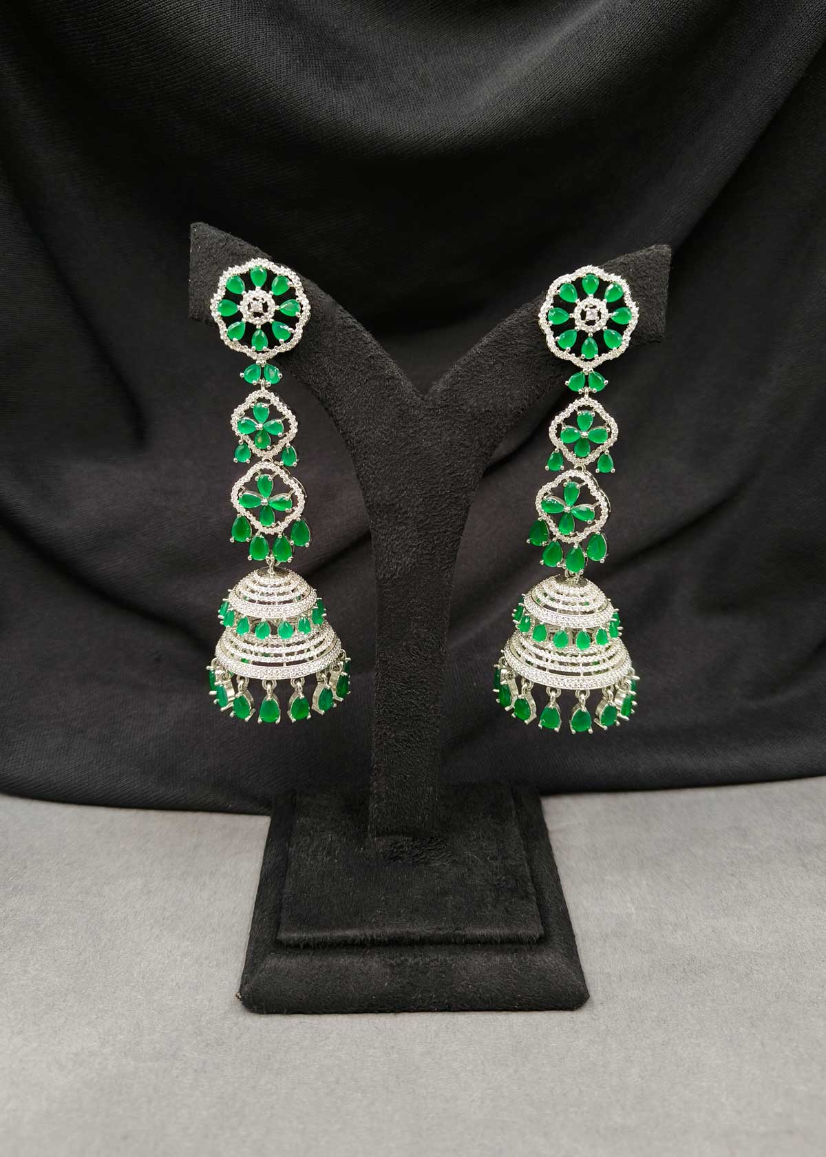 Dual Tone Colorful Cubic Zircon Long Tiered Jhumkas Earrings