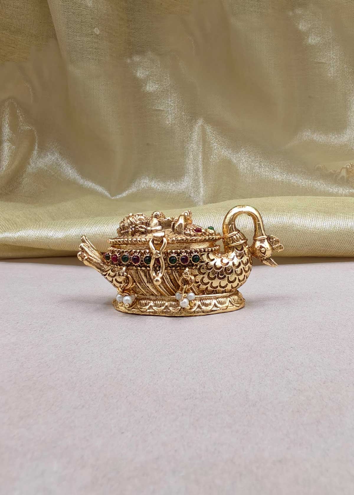 Antique Gold Plated Peacock Motif Kumkum Box/ Sindoor Box With Pearl Droplets