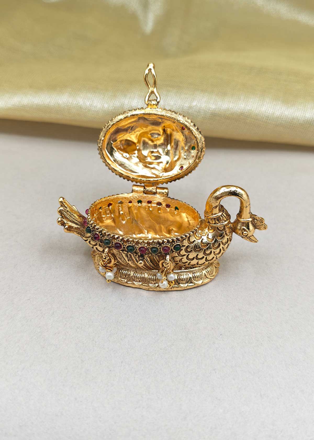 Antique Gold Plated Peacock Motif Kumkum Box/ Sindoor Box With Pearl Droplets