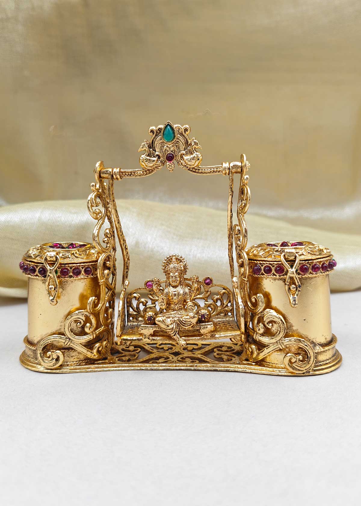 Antique Gold Plated Goddess Laxmi On Swing Dual Kumkum Box/ Sindoor Box