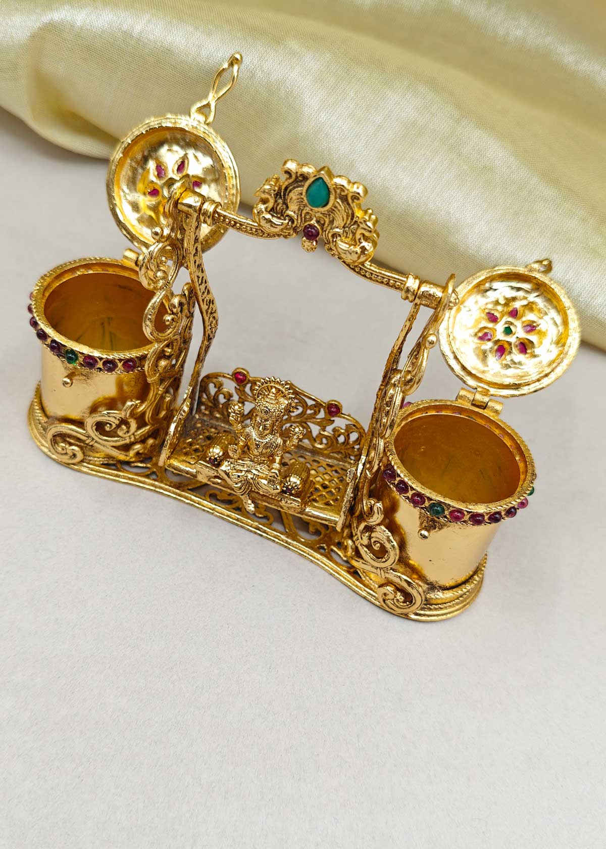 Antique Gold Plated Goddess Laxmi On Swing Dual Kumkum Box/ Sindoor Box