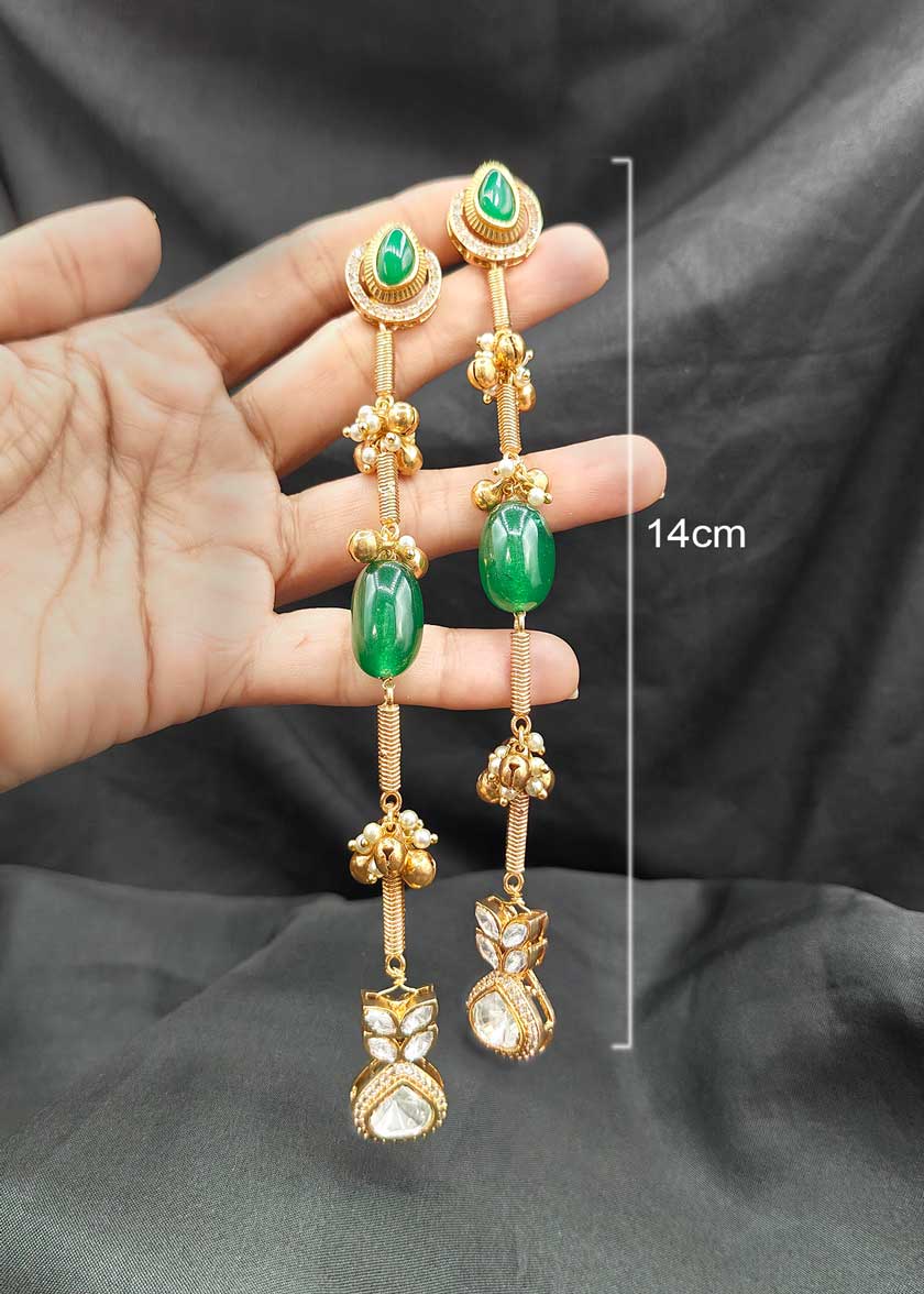Matt Gold Plated Kundan And Cubic Zircon Long Hanging Earrings With Pearls And Metallic Clusters