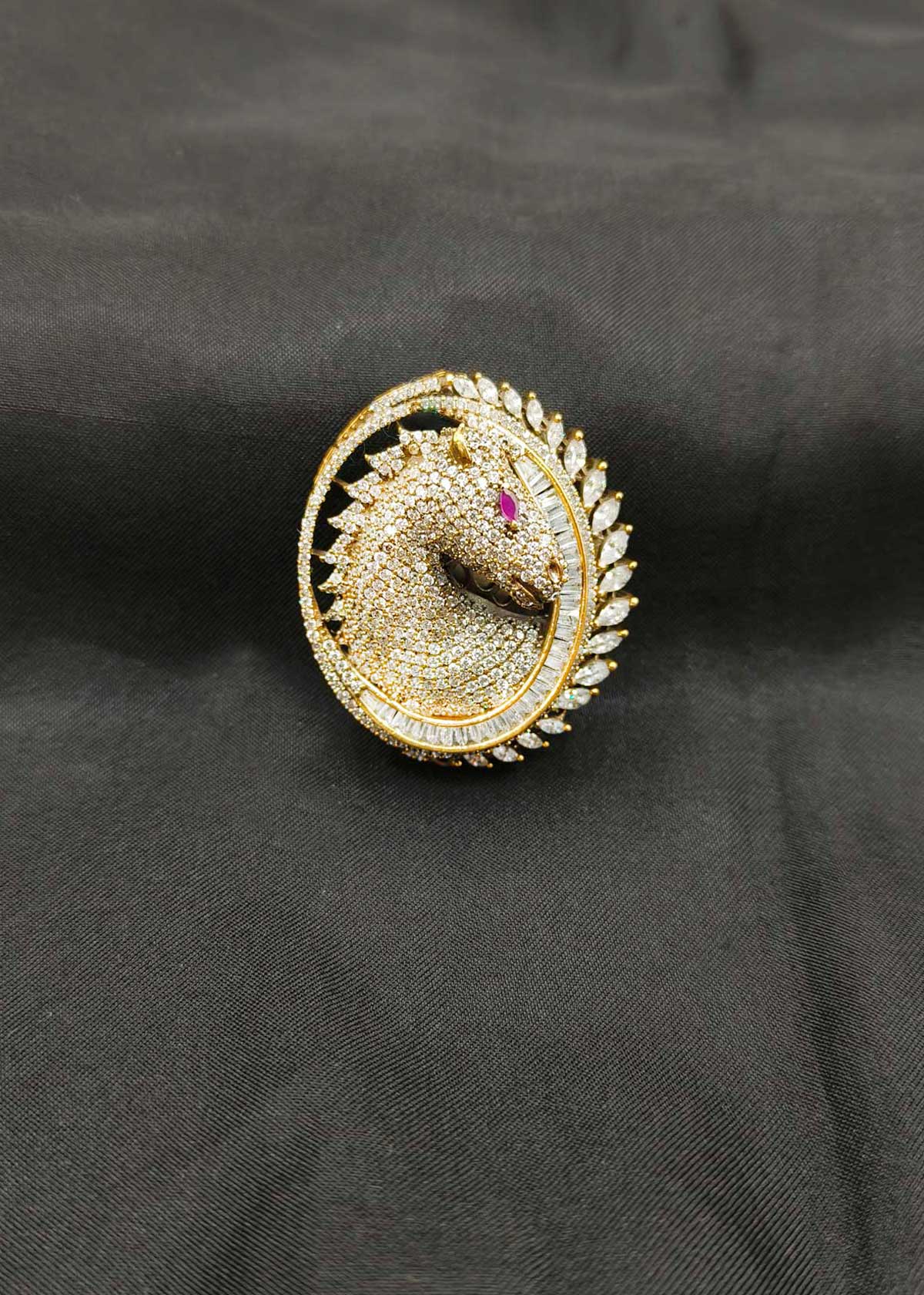 Antique Gold And Silver Plated Marquise Cubic Zircon Horse Motif Brooch / Lapel Pin