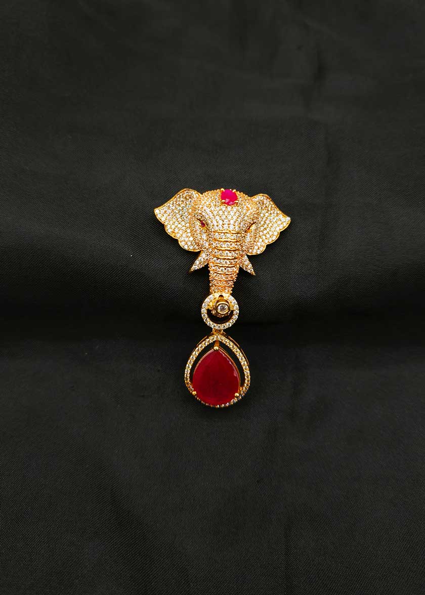 Matte Gold Plated Cubic Zircon Elephant Motif Brooch / Lapel Pin With Drop Ruby /Emerald Stone