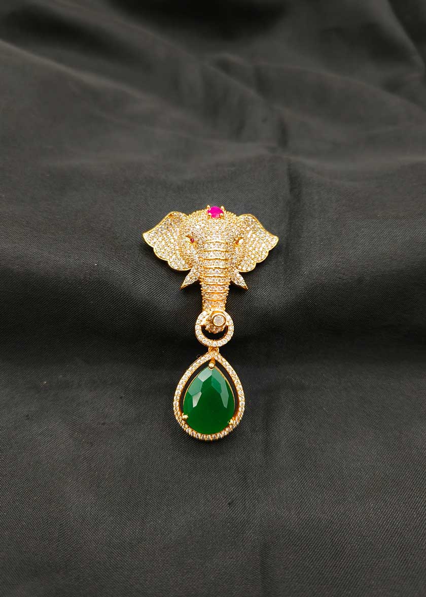 Matte Gold Plated Cubic Zircon Elephant Motif Brooch / Lapel Pin With Drop Ruby /Emerald Stone