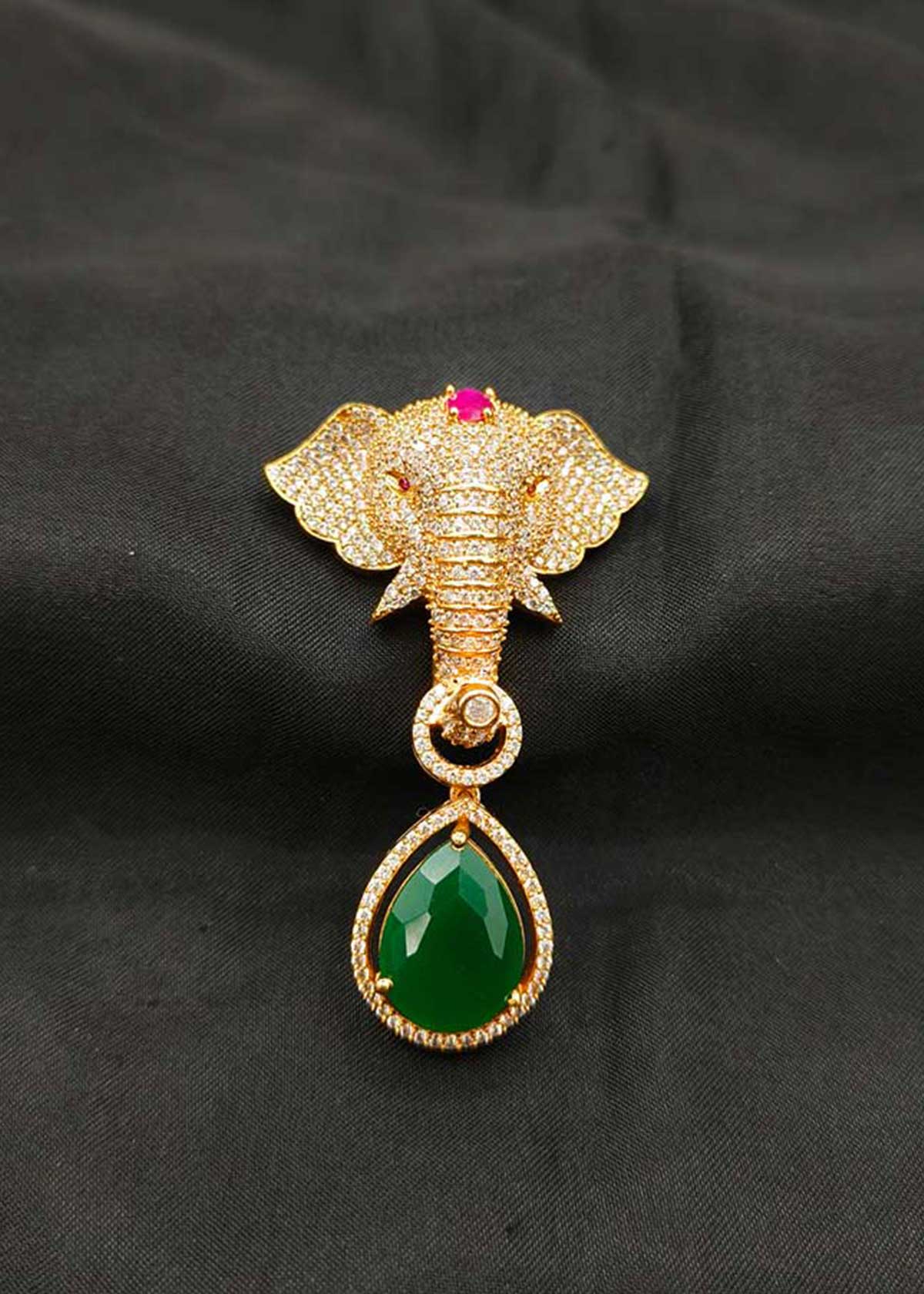 Matt Gold Plated Cubic Zircon Elephant Motif Brooch / Lapel Pin With Drop Ruby /Emerald Stone