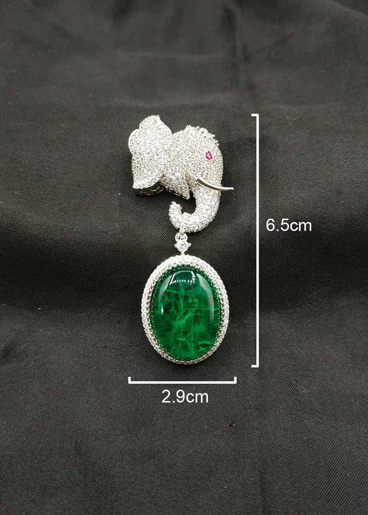 Regal Silver Plated Cubic Zircon Elephant Brooch / Lapel Pin With Emerald Green Drop