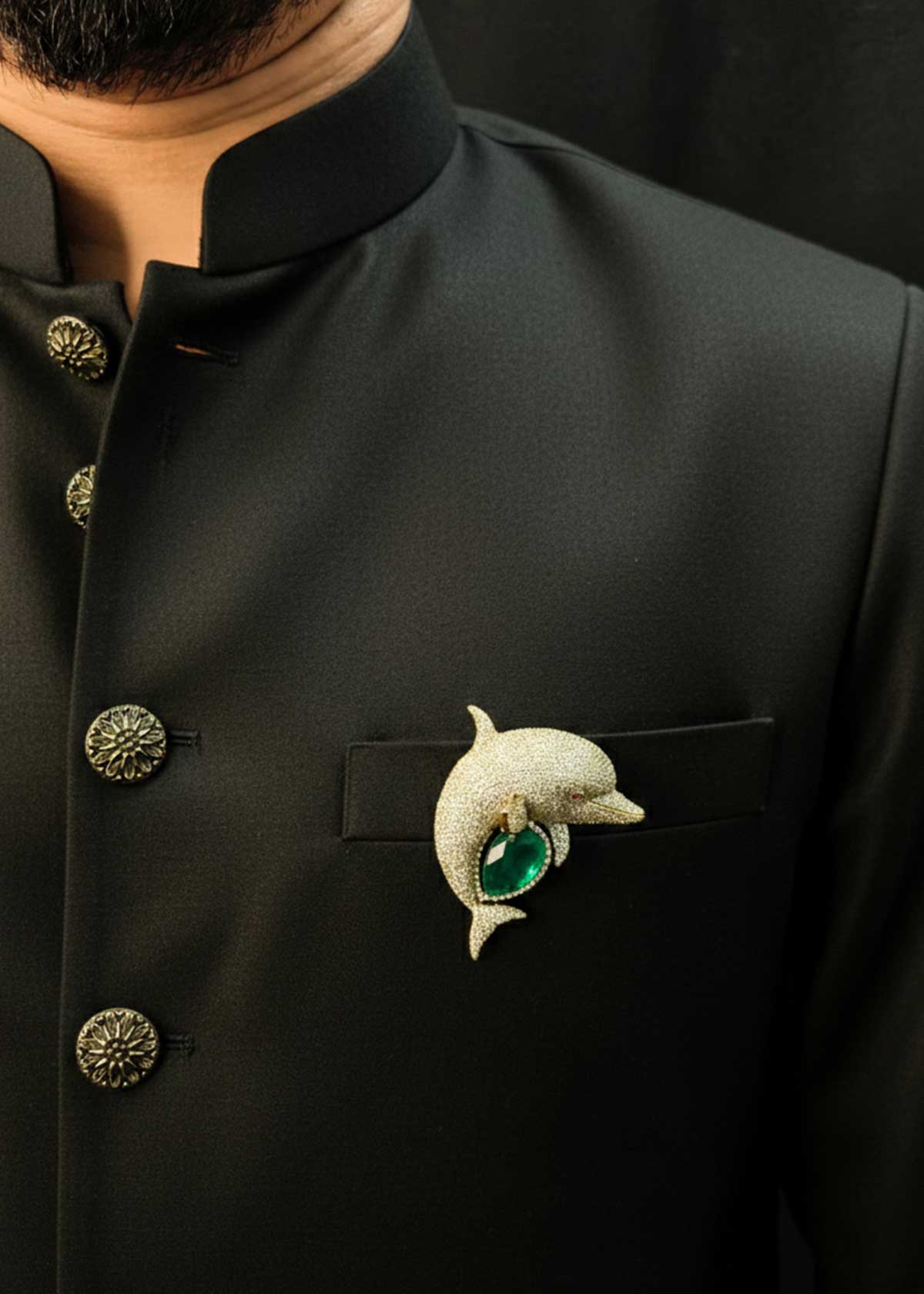 Sparkling Cubic Zircon Antique Gold Plated Playful Dolphin Brooch / Lapel Pin With Emerald Stone