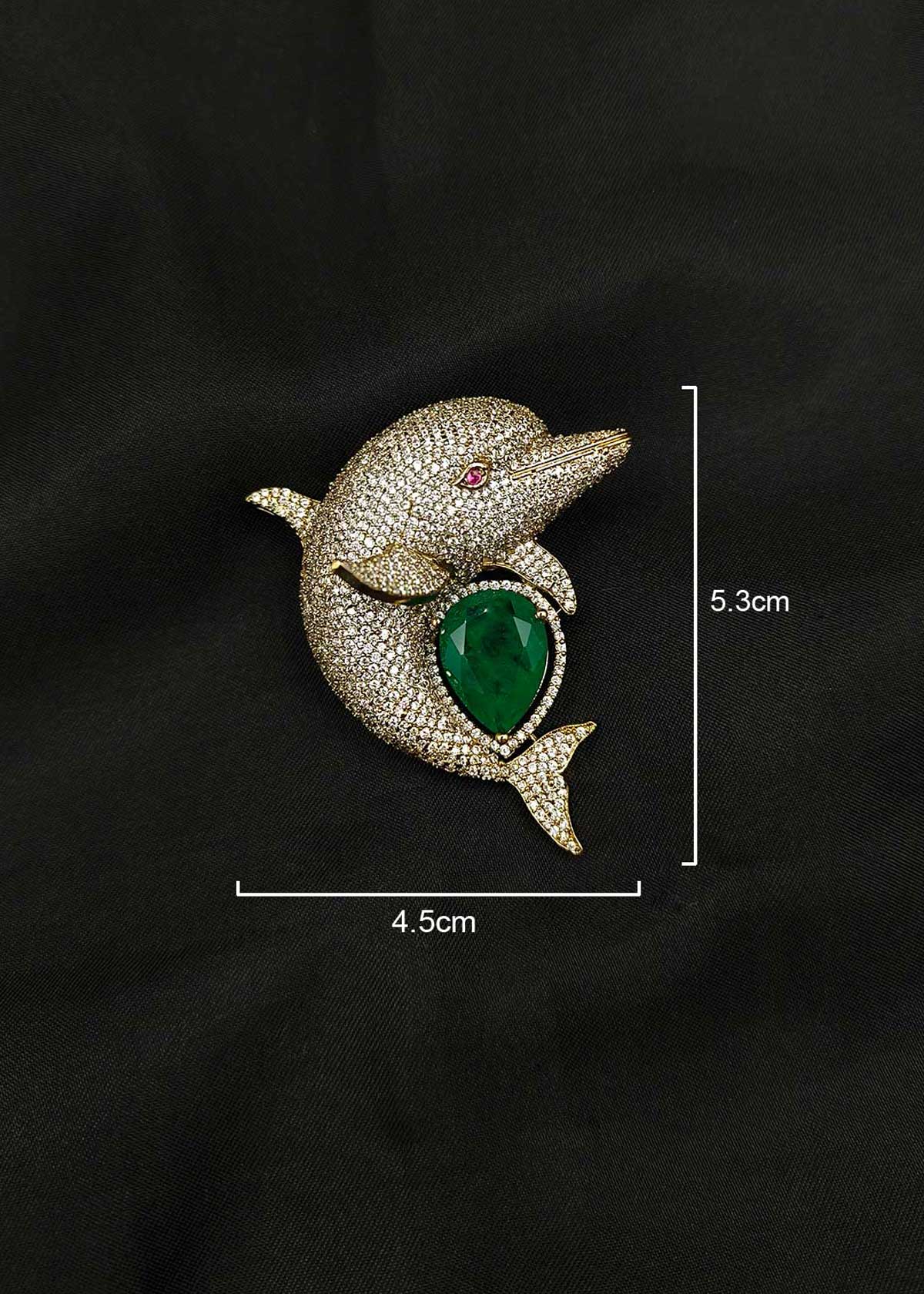 Sparkling Cubic Zircon Antique Gold Plated Playful Dolphin Brooch / Lapel Pin With Emerald Stone
