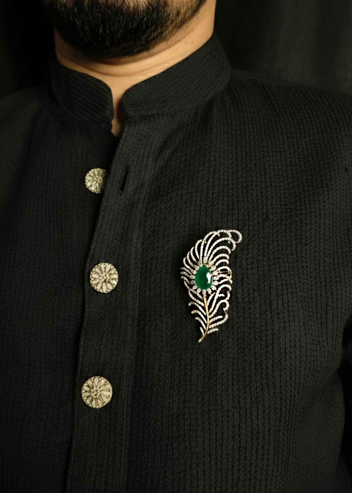 Majestic Antique Gold Plated Marquise, Cubic Zircon With Emerald Feather Brooch / Lapel Pin