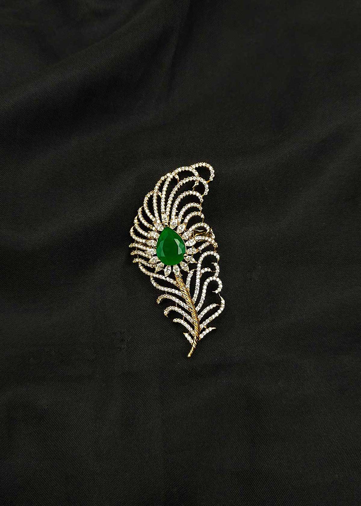 Majestic Antique Gold Plated Marquise, Cubic Zircon With Emerald Feather Brooch / Lapel Pin