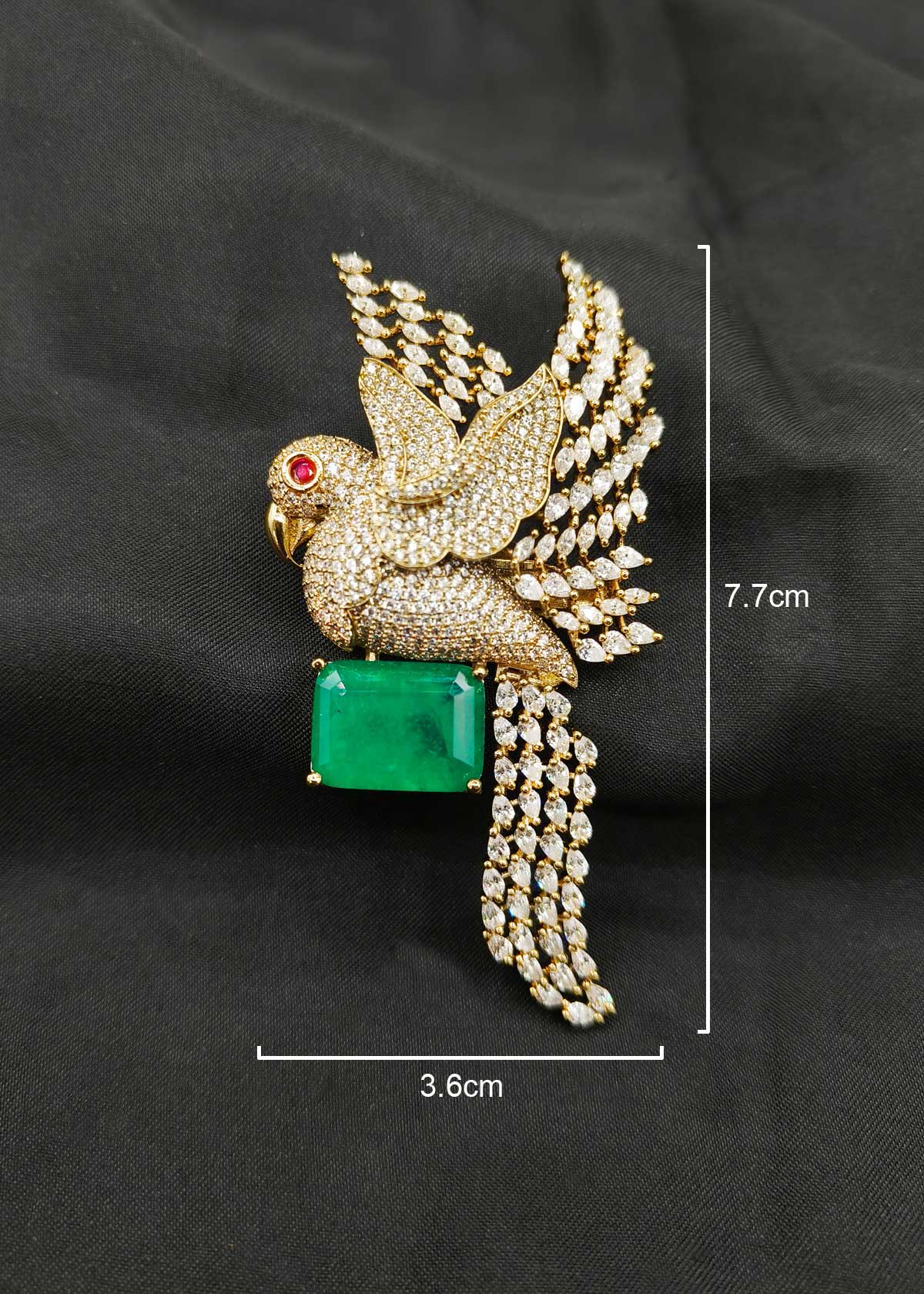 Antique Gold Plated Cubic Zircon And Emerald Stone Flying Bird Motif Brooch / Lapel Pin