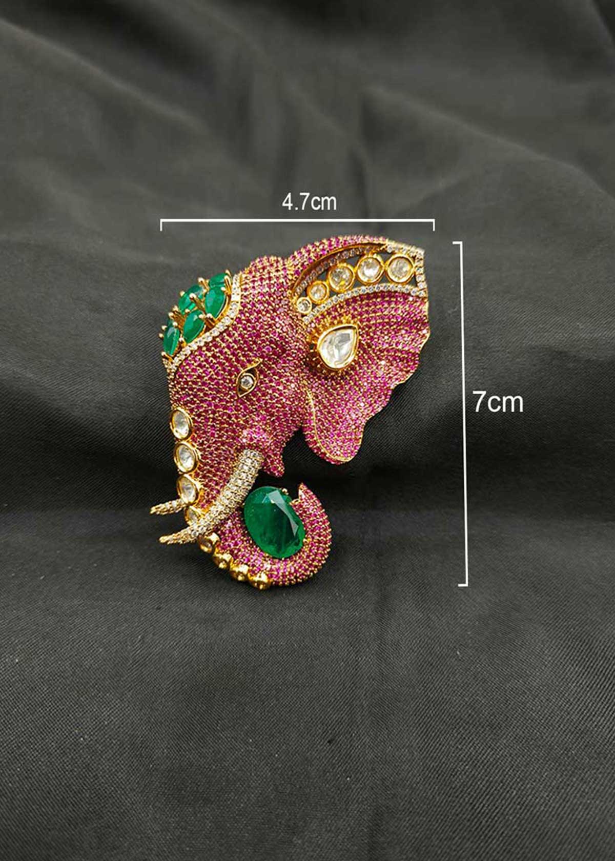 Beautiful Crafted Antique Gold Plated With Kundan Cubic Zircon And Emerald Elephant Brooch / Lapel Pin