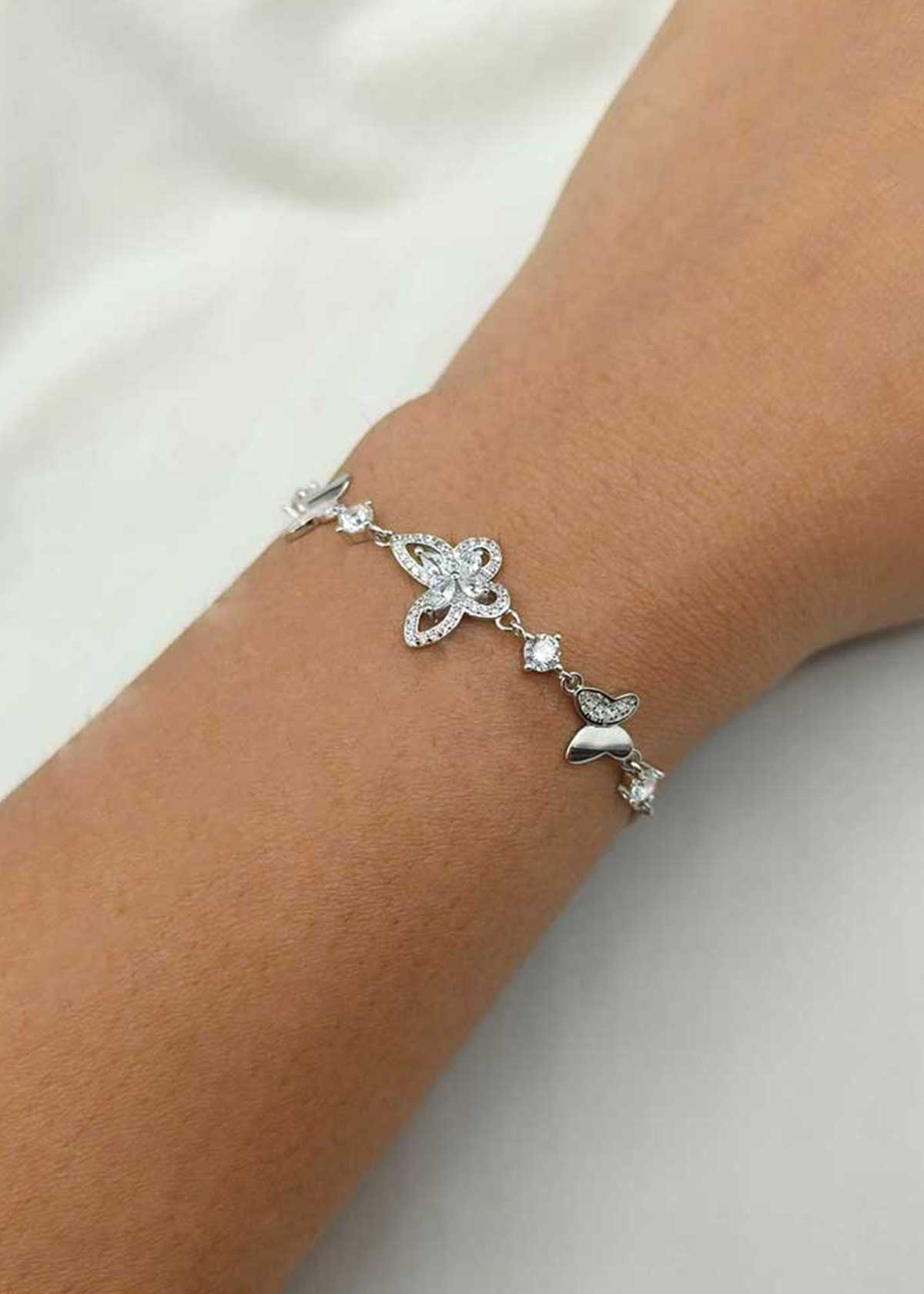 92.5 Sterling Silver Graceful Butterfly Cubic Zircon Adjustable Slider Loose Bracelet