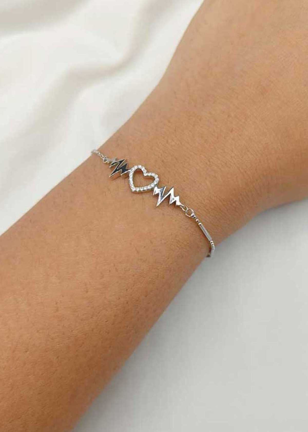 92.5 Sterling Silver Cubic Zircon Heart And Pulse Adjustable Loose Bracelet