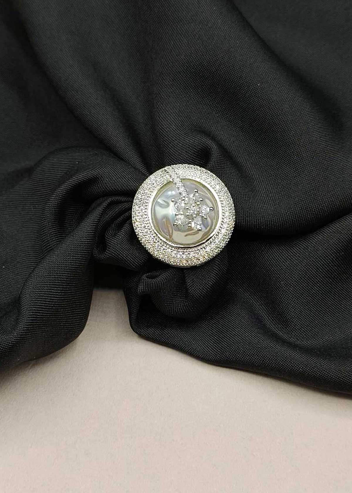 Two Tone Mother Of Pearl And Cubic Zircon Adjustable Statement Finger Ring For Women