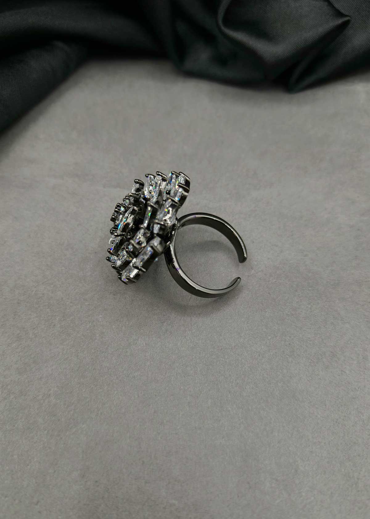 Marquise Cubic Zircon Rotating Floral In Vintage Victorian Black Polish Adjustable Finger Ring