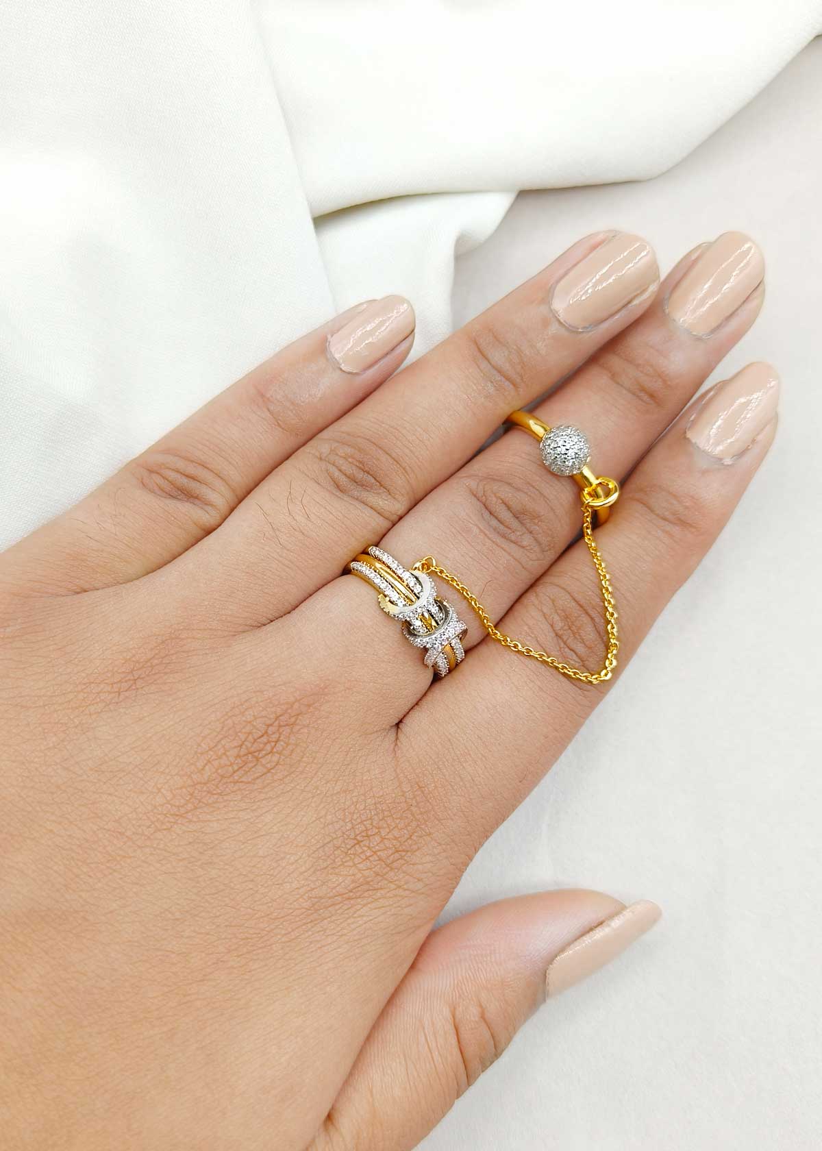 Fancy Two Finger Linked Chain Silver Plated Cubic Zircon Adjustable Finger Ring