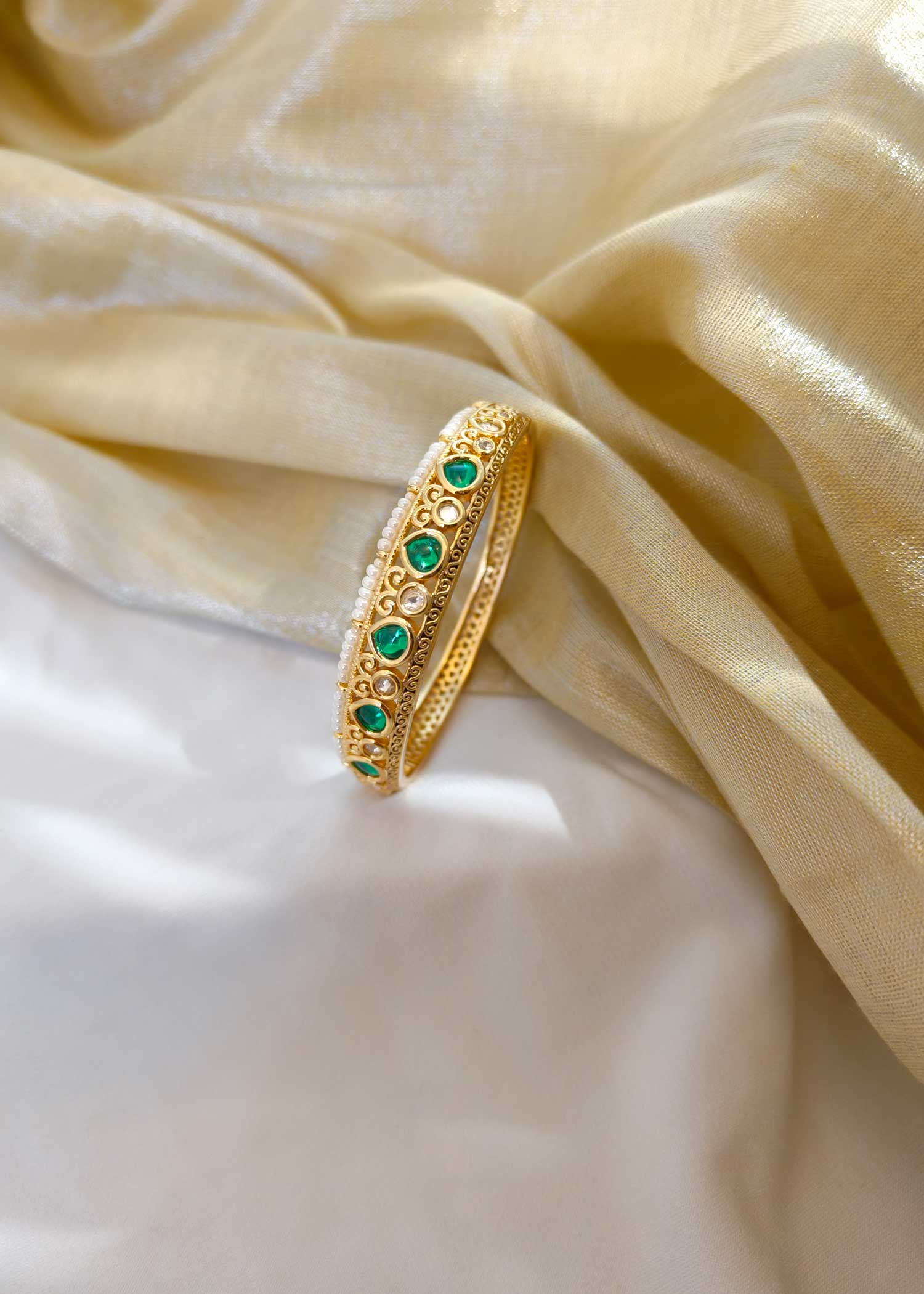 Gold Plated Kundan Colour Kada with Pearl Line