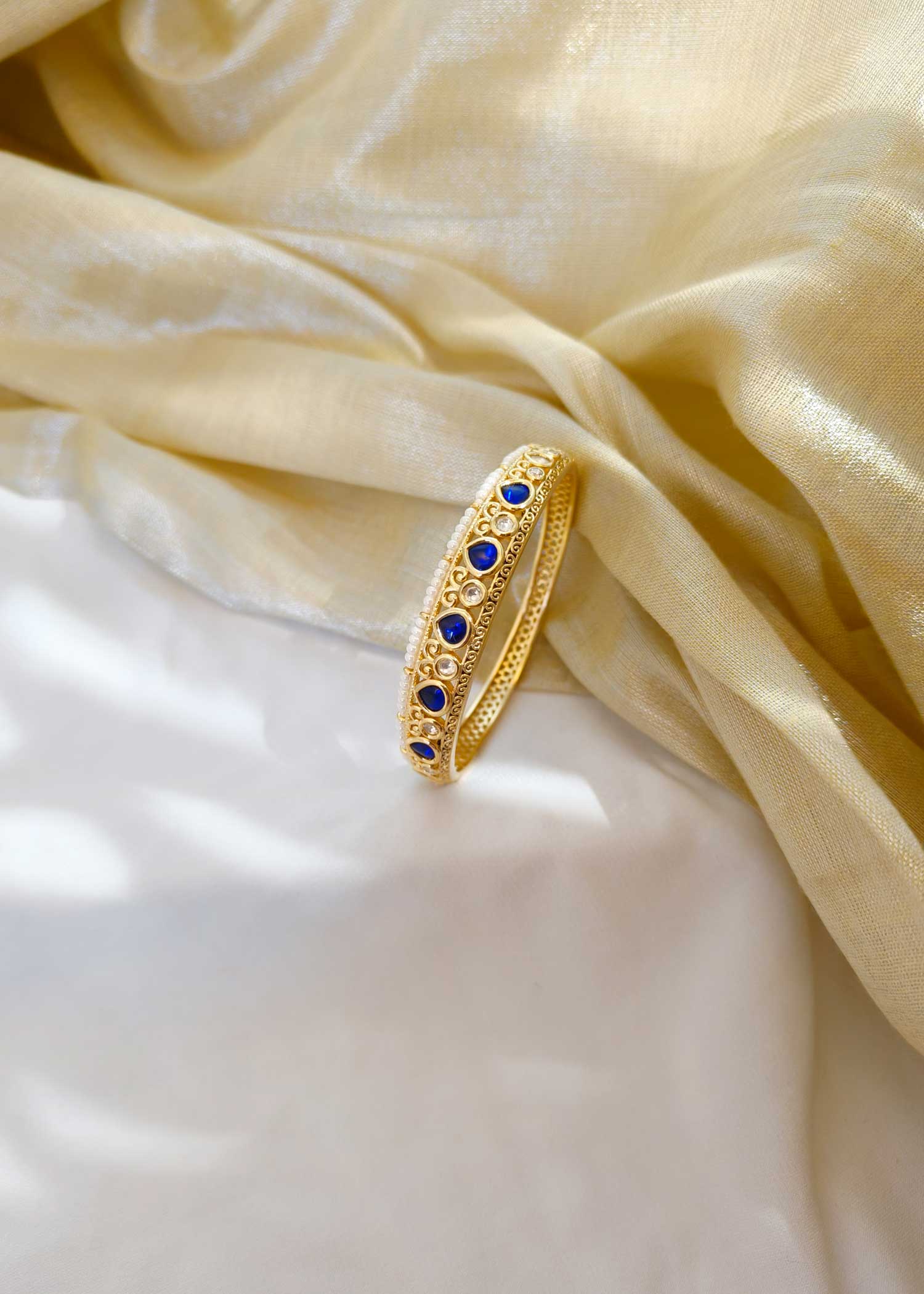 Gold Plated Kundan Colour Kada with Pearl Line