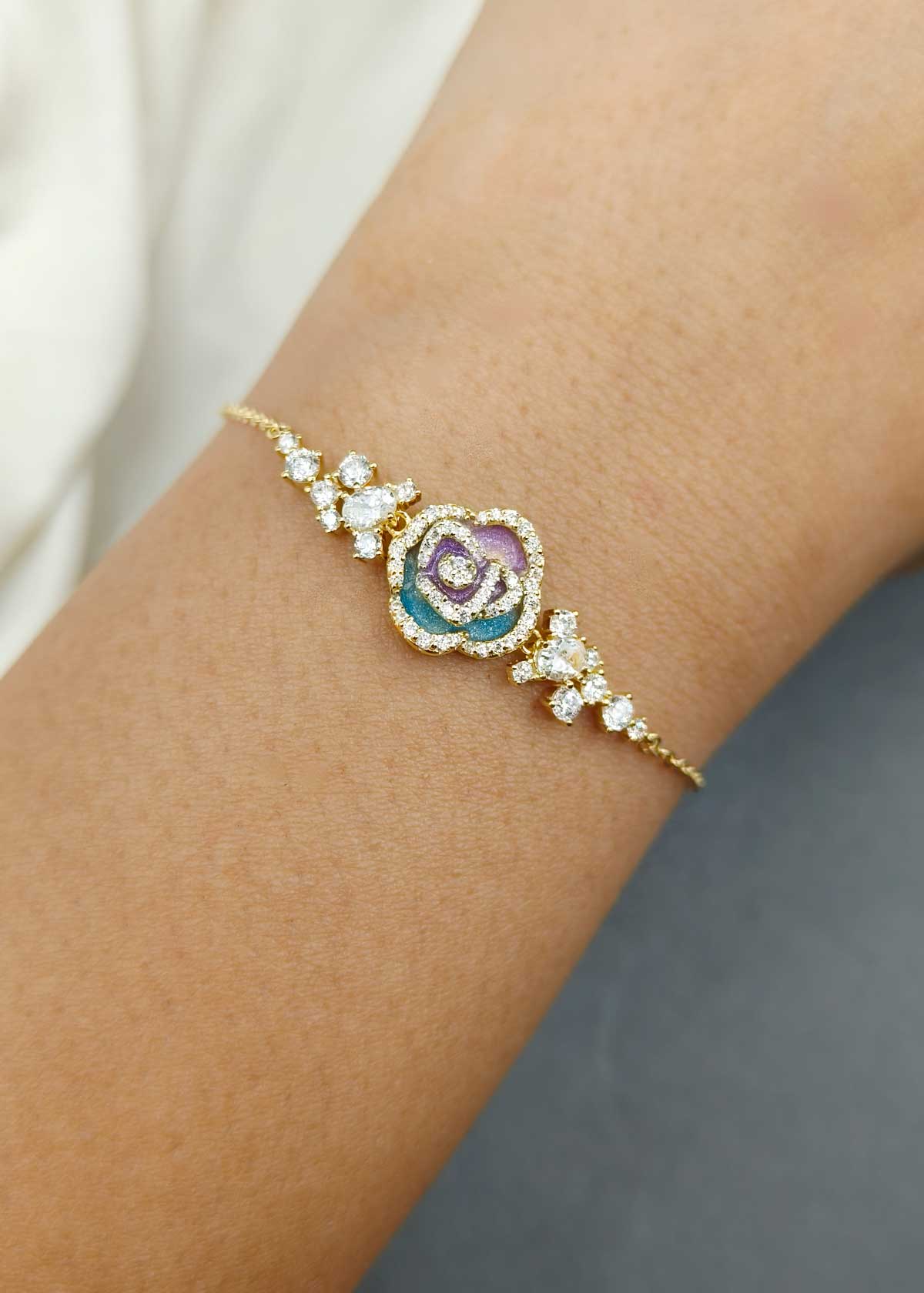 92.5 Sterling Silver Floral Meenakari And Cubic Zircon Adjustable Loose Bracelet