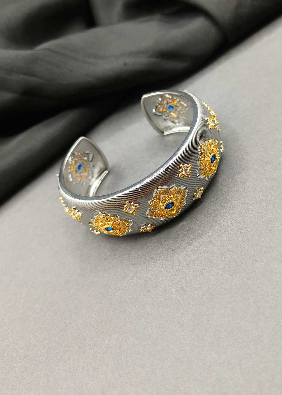 Gold And Silver Plated Cubic Zircon Openable Broad Kada For Women