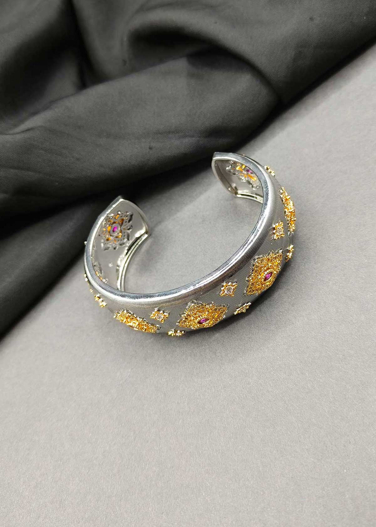 Gold And Silver Plated Cubic Zircon Openable Broad Kada For Women