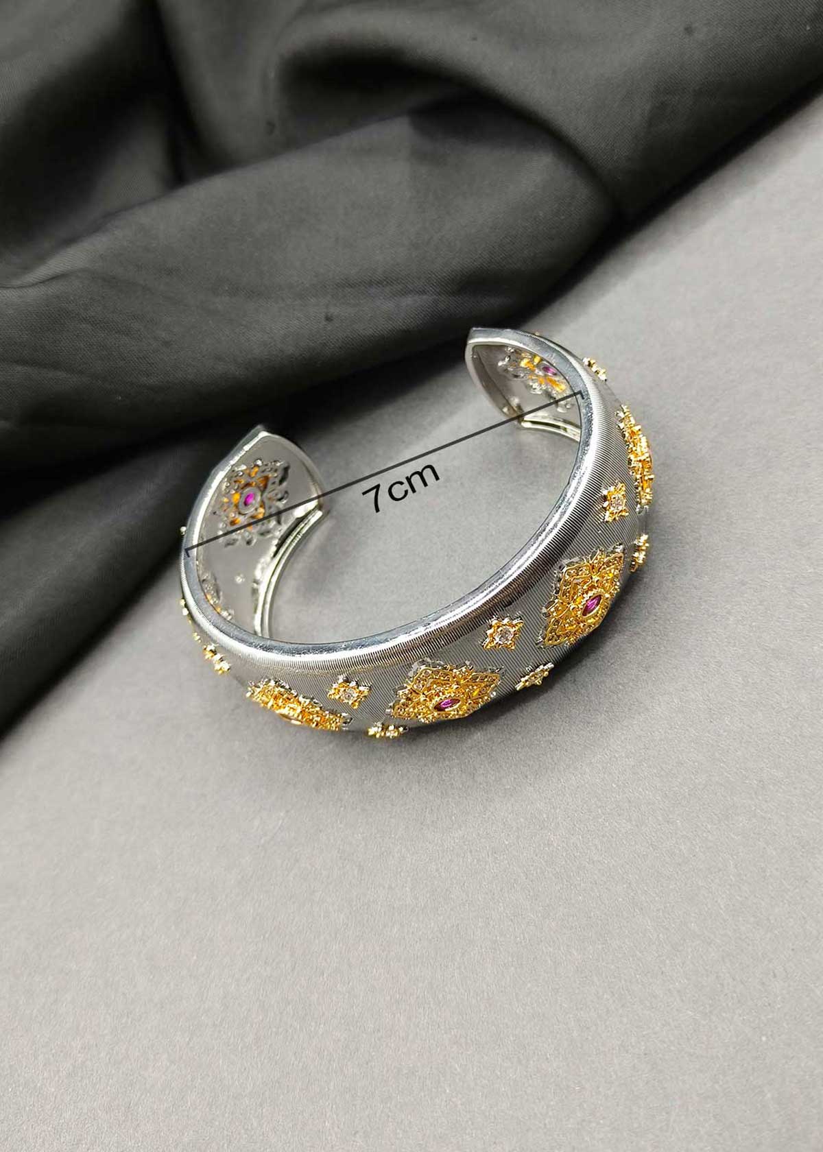 Gold And Silver Plated Cubic Zircon Openable Broad Kada For Women