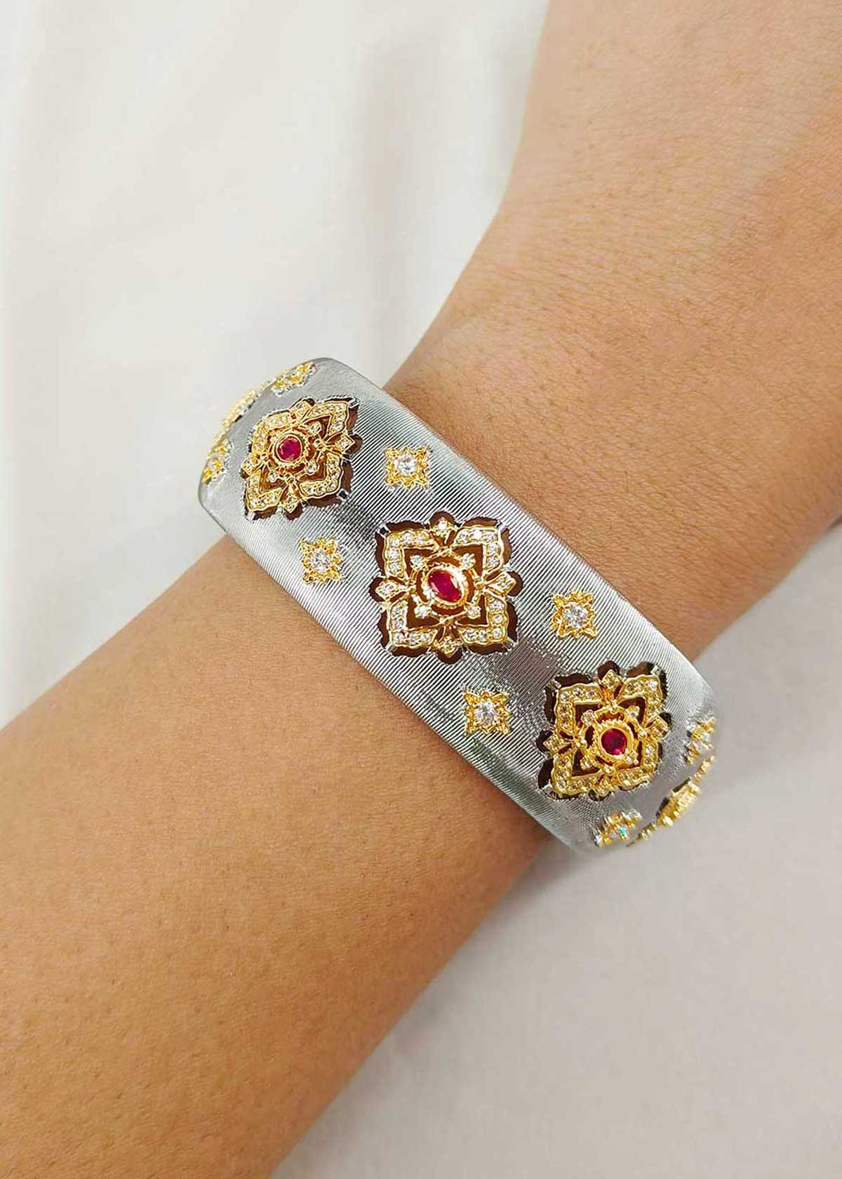 Gold And Silver Plated Cubic Zircon Openable Broad Kada For Women