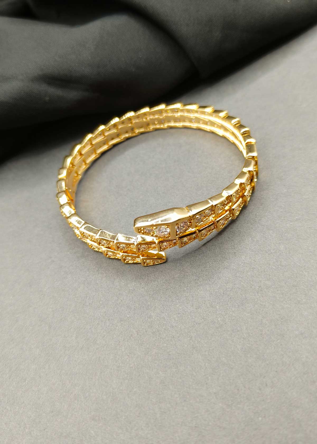 Serpent Inspired Cubic Zircon Gold Plated Openable Kada For Women
