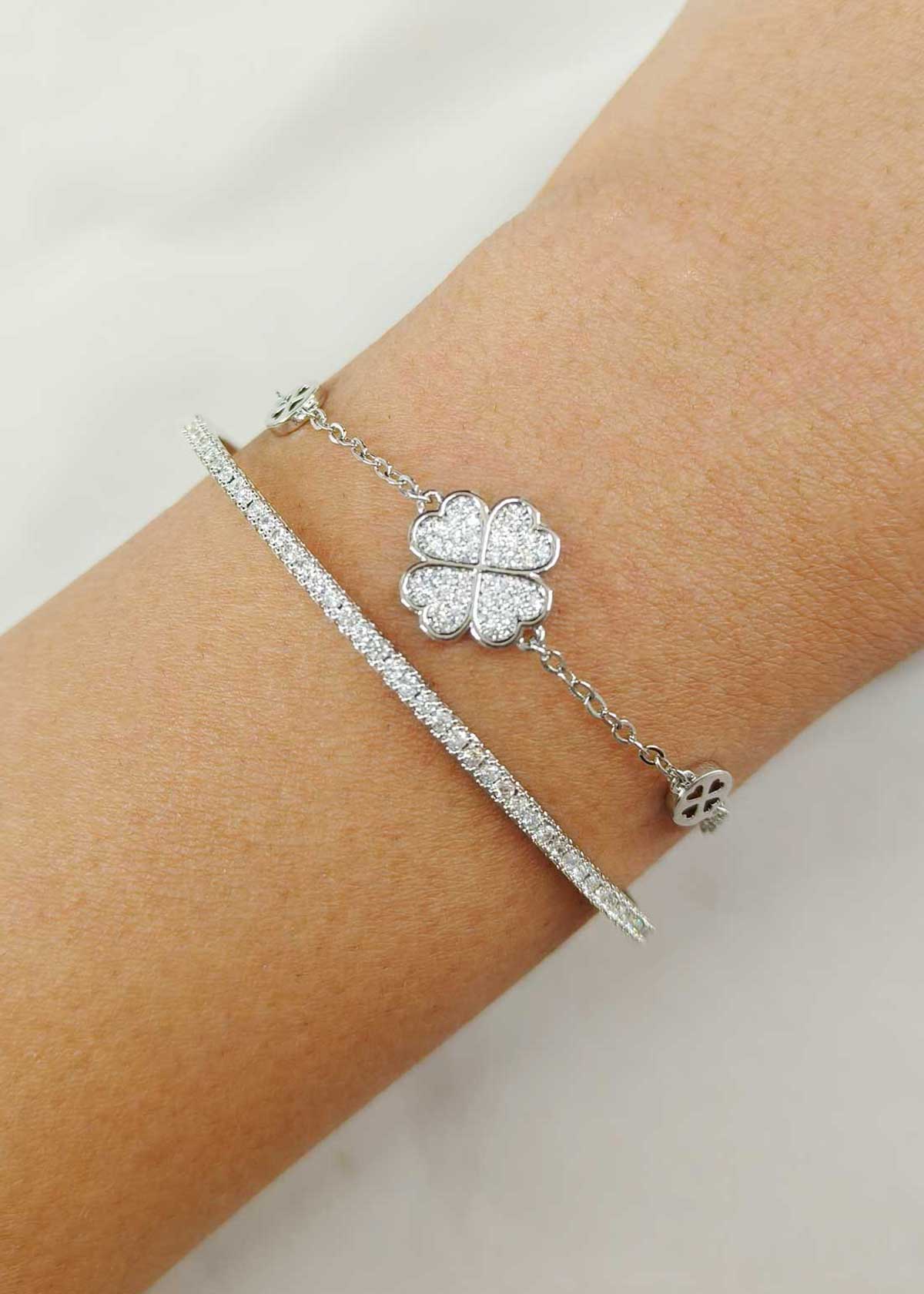 Elegant Gold And Silver Plated Four Leaf Clover Cubic Zircon Dual Layer Kada Bracelet