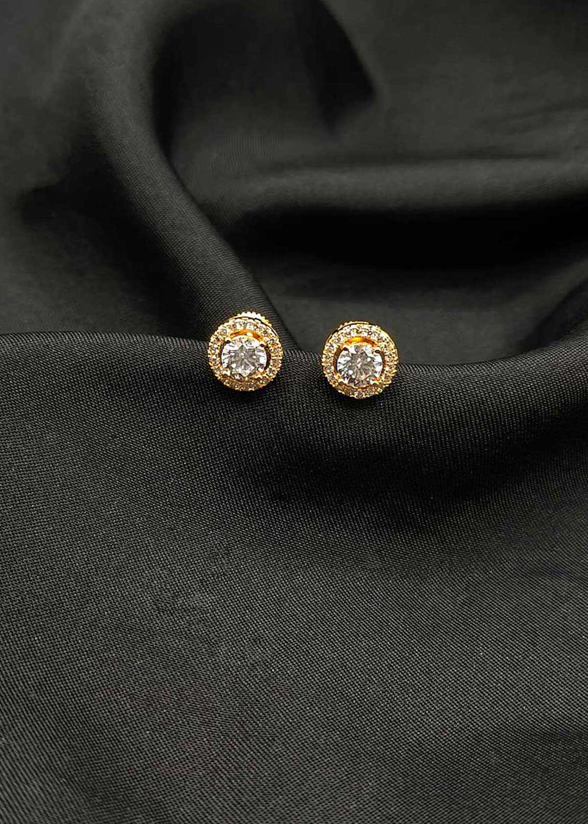 Classic Round Solitaire Studs With Shimmering Cubic Zircon Border Gold Plated Small Stud Earrings