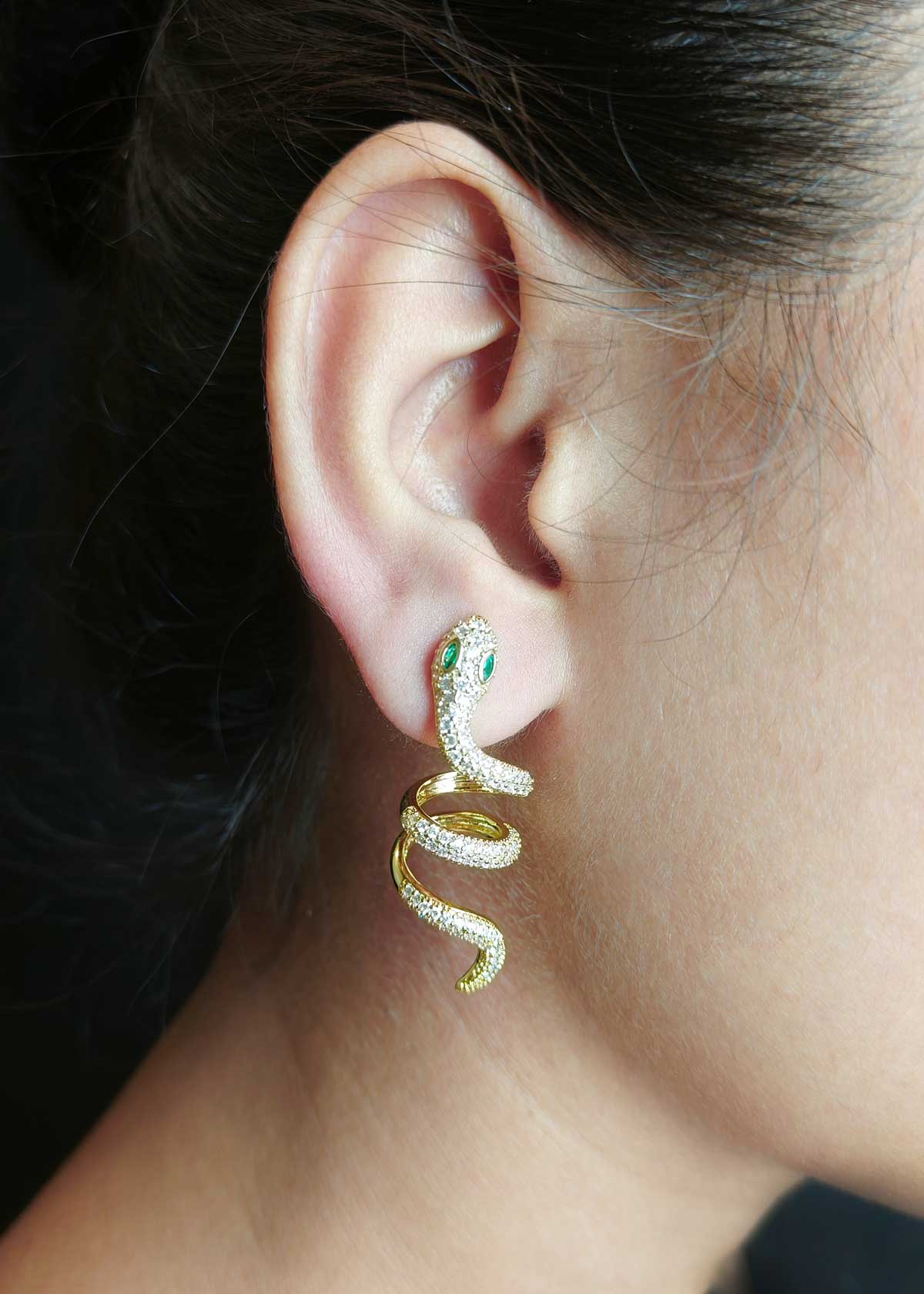 Green Eyed Snake Motif Cubic Zircon Gold Plated Stud Earrings