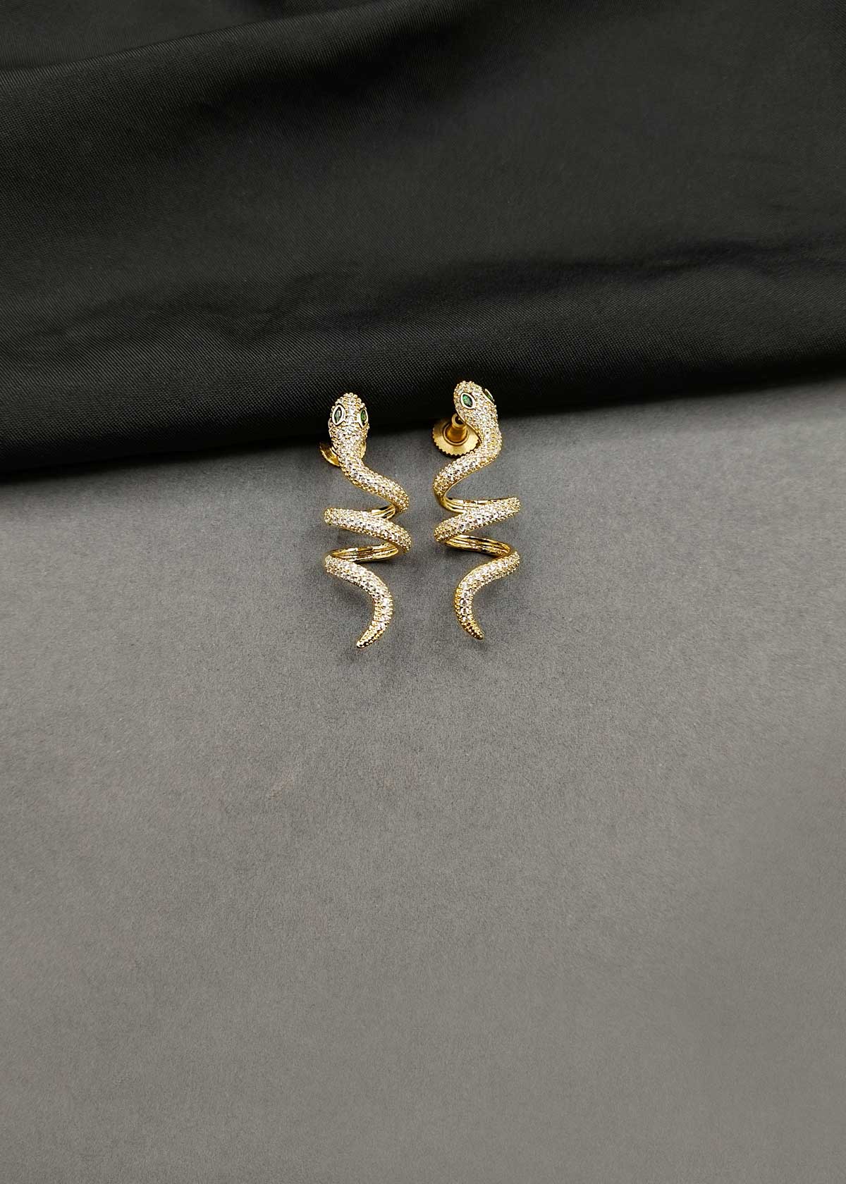 Green Eyed Snake Motif Cubic Zircon Gold Plated Stud Earrings