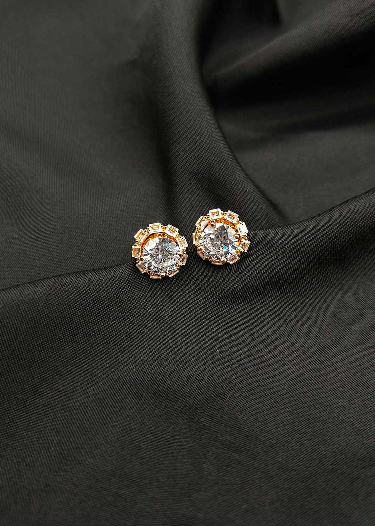 Radiant Gold Plated Baguette And Solitaire Diamond Stud Earrings For Women