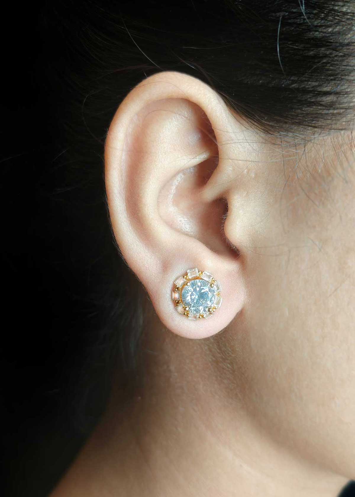 Radiant Gold Plated Baguette And Solitaire Diamond Stud Earrings For Women