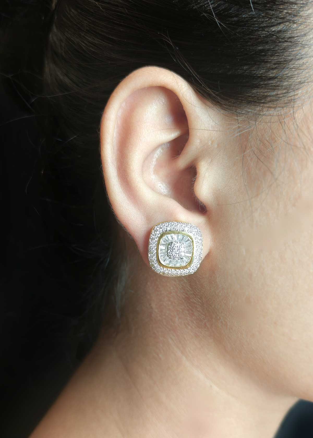 Square Shape Dual Tone Baguette Diamond Big Stud Earrings For Women