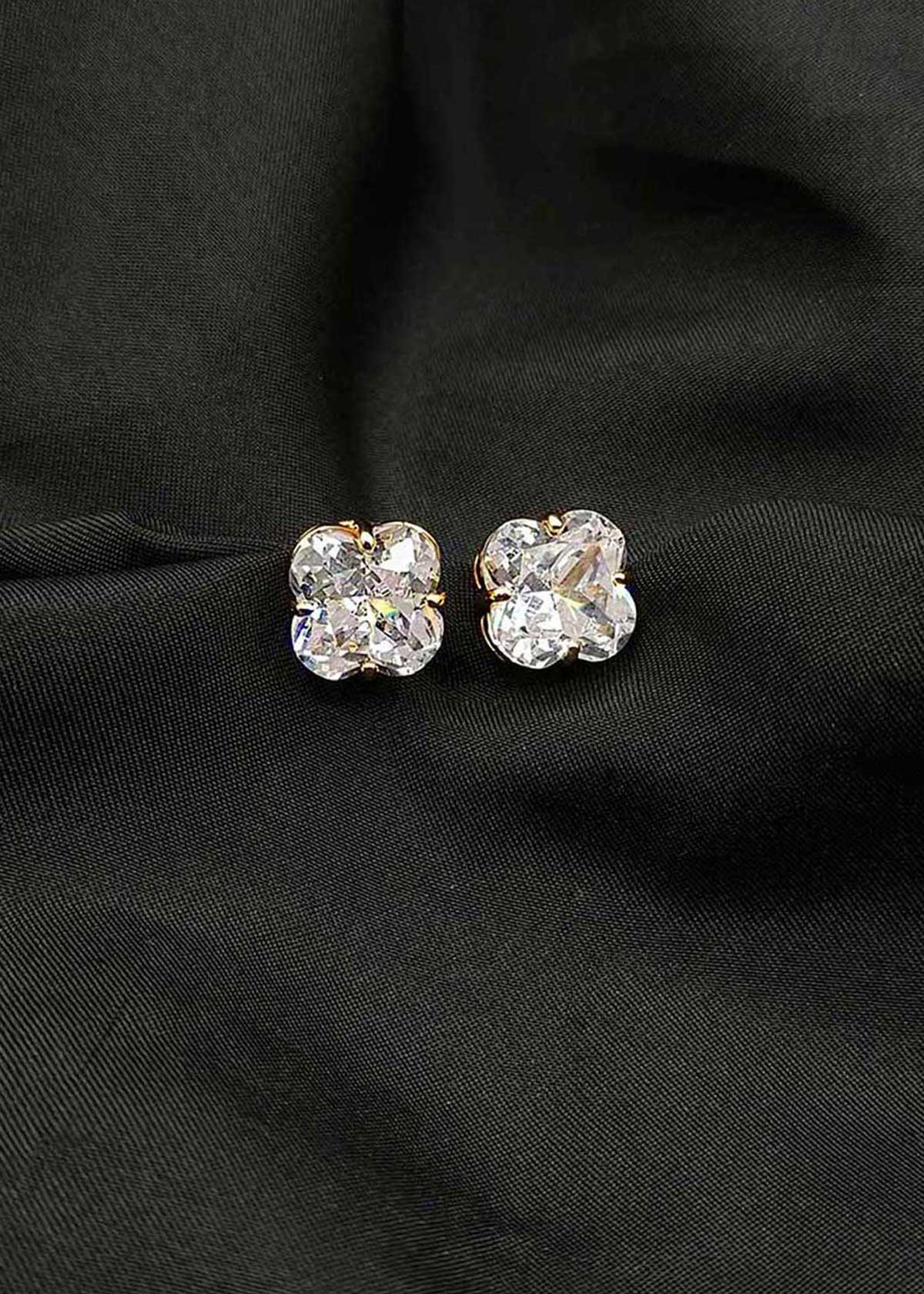 Stunning Gold Plated Clover Shape Big Diamond Stud Earrings For Women