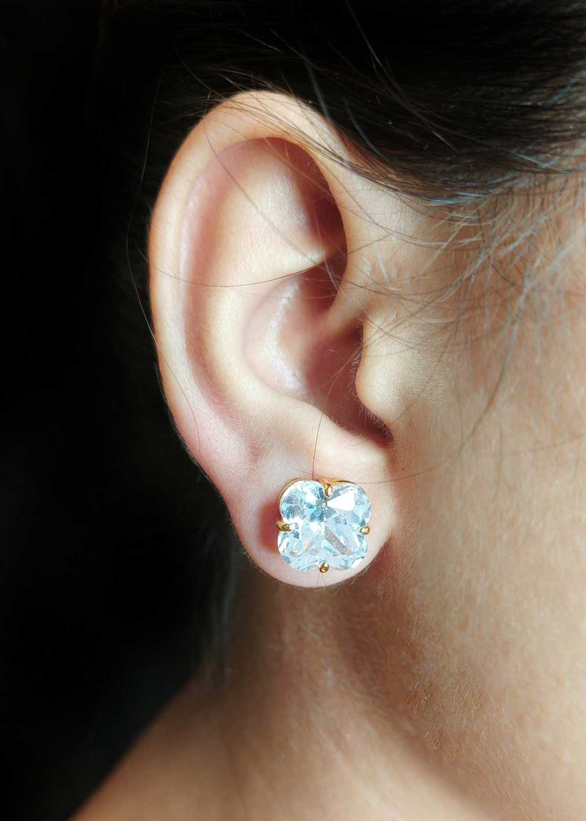 Stunning Gold Plated Clover Shape Big Diamond Stud Earrings For Women