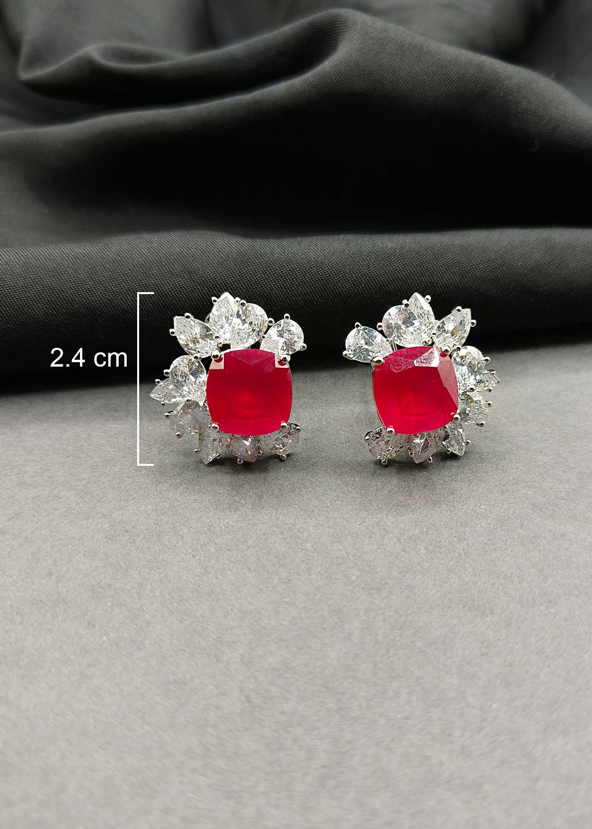 Floral Style Silver Plated Ruby And Drop Shape Diamond Stud Earrings For Women
