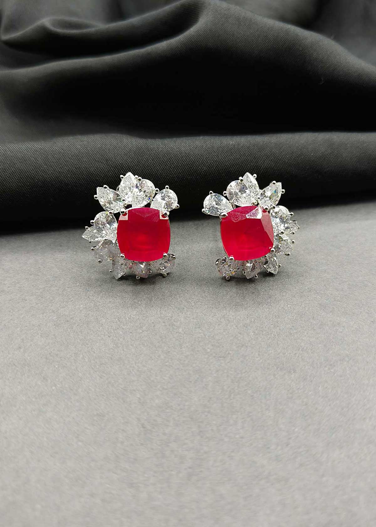 Floral Style Silver Plated Ruby And Drop Shape Diamond Stud Earrings For Women