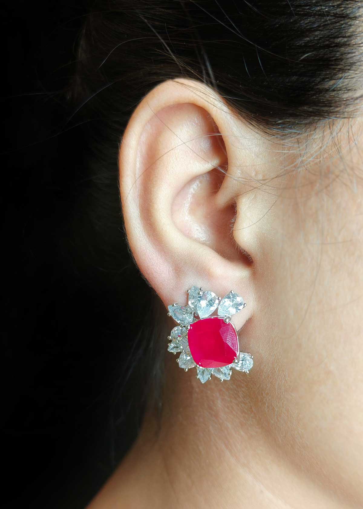 Floral Style Silver Plated Ruby And Drop Shape Diamond Stud Earrings For Women