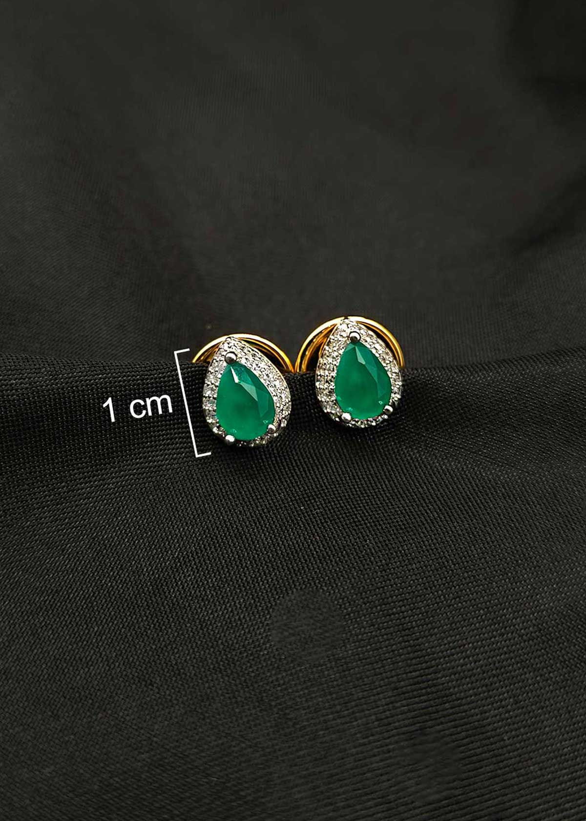 Drop Shape Emerald And Cubic Zircon Silver Plated Small Stud Earrings