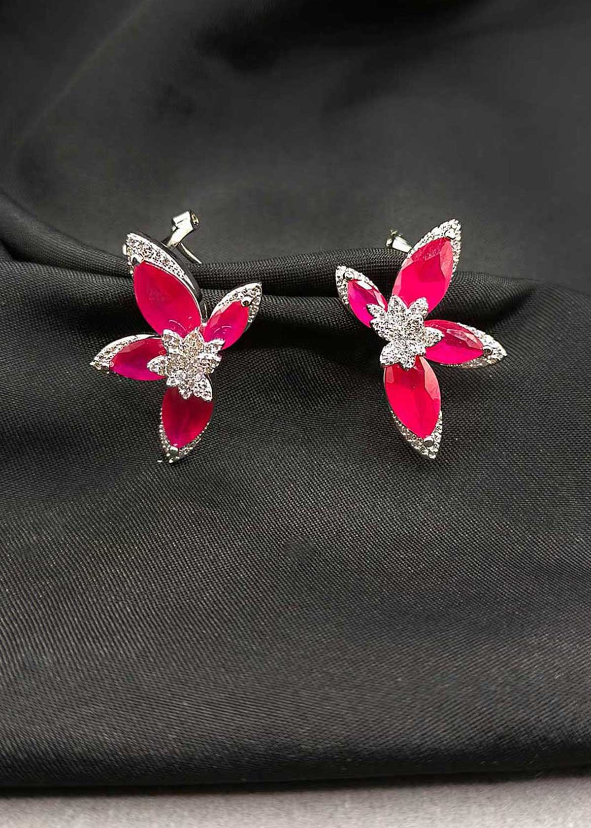 Floral Inspired Emerald And Ruby With Cubic Zircon Border Silver Plated Stud Earring