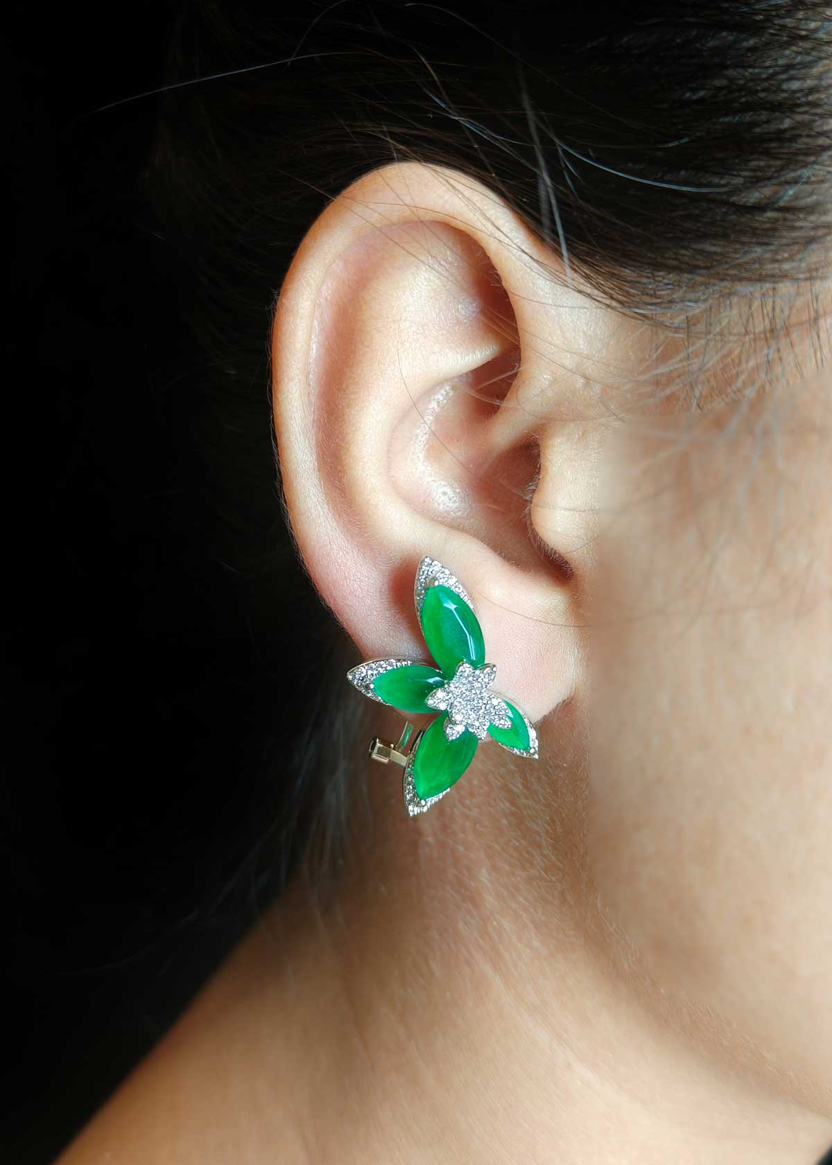 Floral Inspired Emerald And Ruby With Cubic Zircon Border Silver Plated Stud Earring