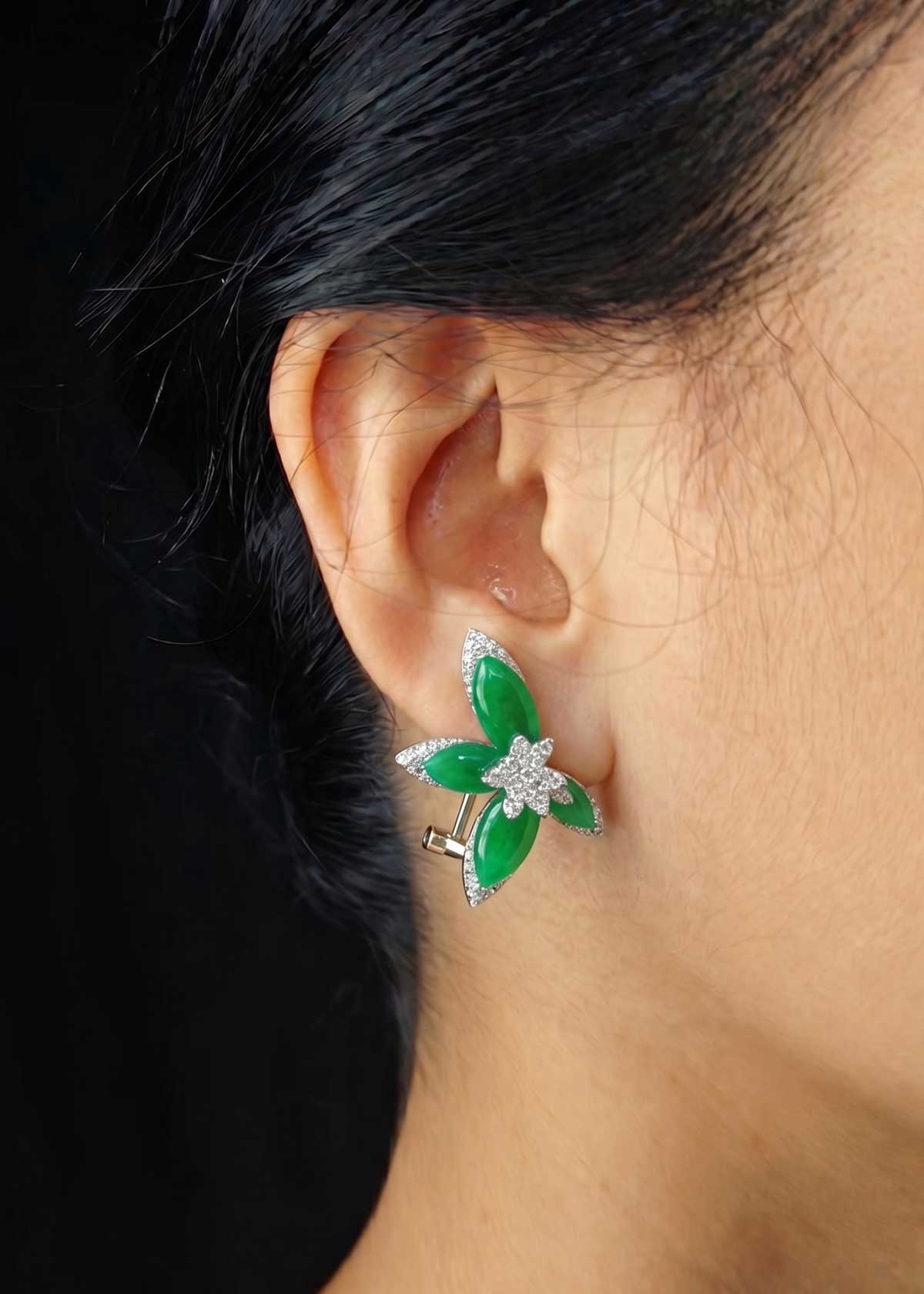 Floral Inspired Emerald And Ruby With Cubic Zircon Border Silver Plated Stud Earring