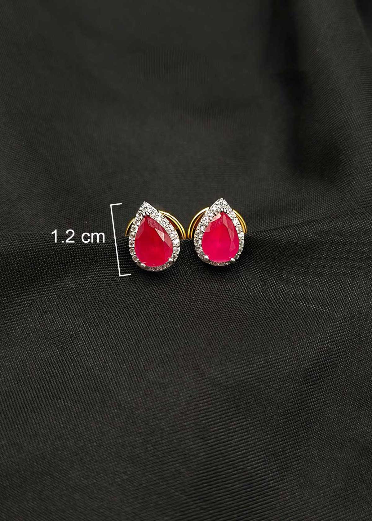 Drop Shape Ruby And Cubic Zircon Silver Plated Small Stud Earrings